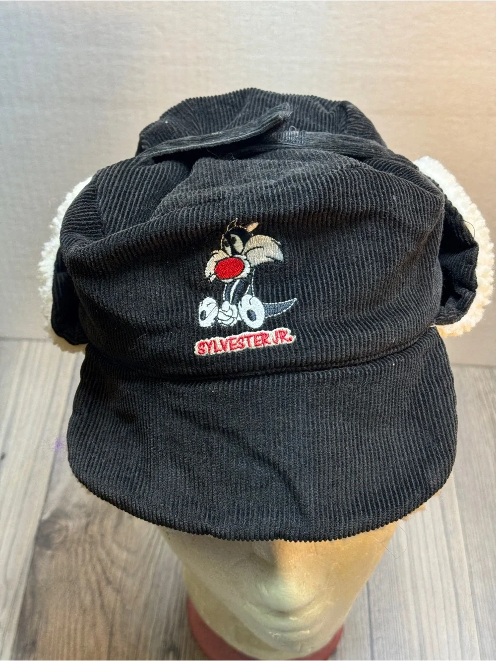 Vintage 90s Black Corduroy Toddler 12-24m hat flaps Warner Bros Studio Sylvester